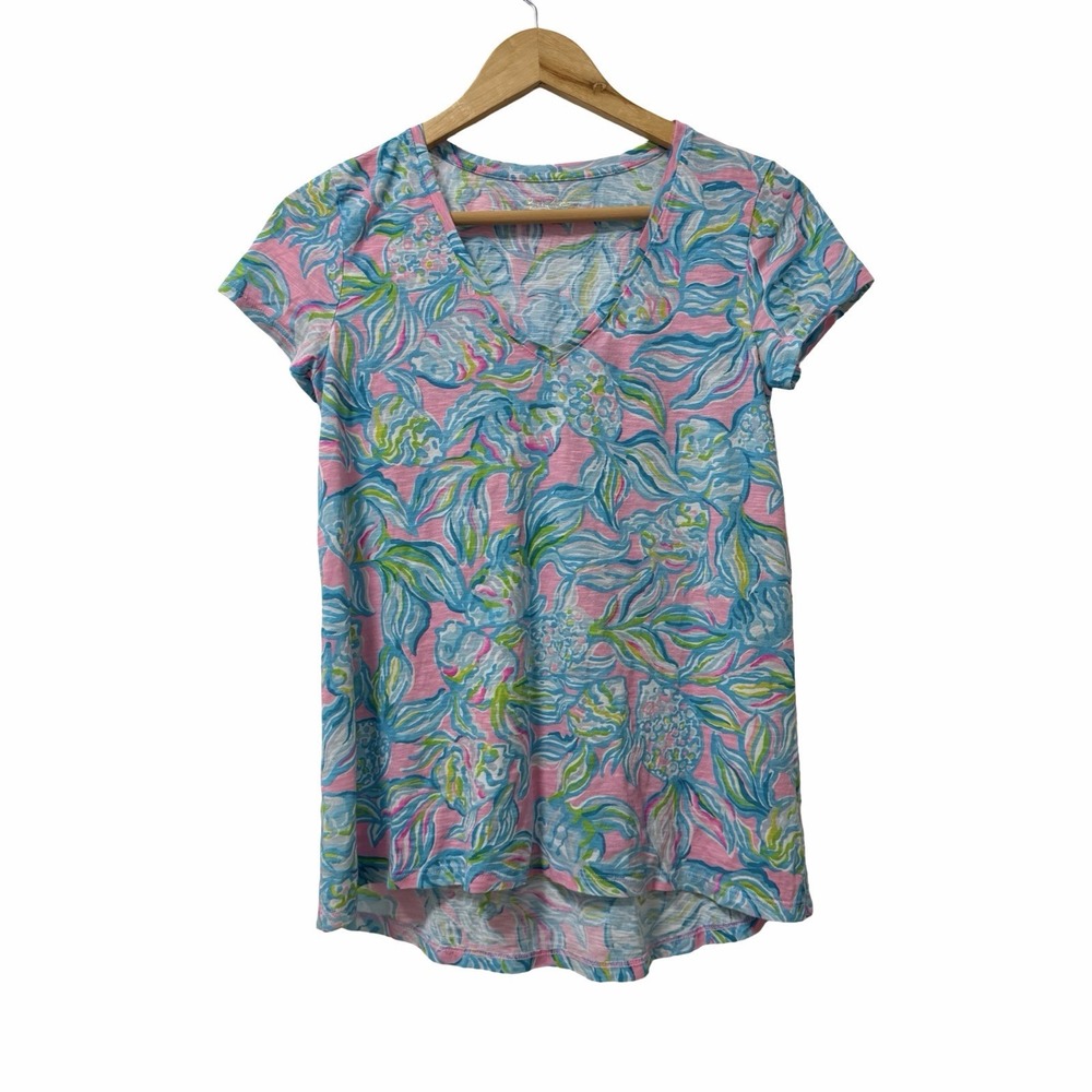 Lilly‎ Pulitzer Etta V Neck Short Sleeve T Shirt Size XS Multicolor Beach Vacay